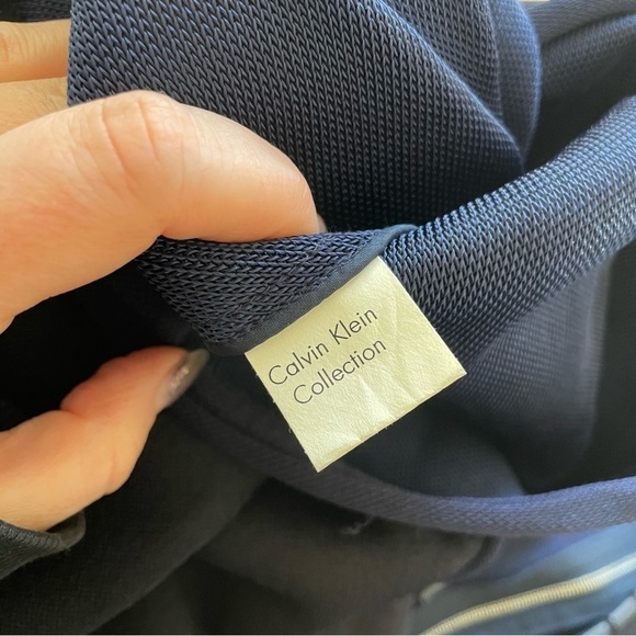 Calvin Klein Collection Marine Blue Cully Heavy Knit Leather Trim Mini Dress L - Picture 10 of 12